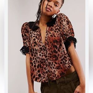 Free people leopard button silk top